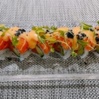 Salmon Lover Roll · Crunchy spicy salmon & avocado , top with fresh salmon and micro cilantro , tobiko and sweet...