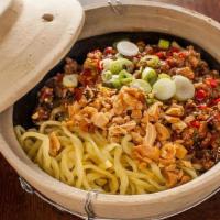 Dan Dan Mian · preserved mustard stem, Sichuan pepper, chili oil, minced pork, peanut