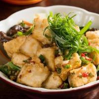 Salt & Pepper Tofu · red and green long chilies, Sichuan peppercorn, wok fired salt