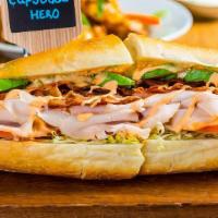 Cupsogue Hero · Turkey, avocado, bacon, lettuce, and tomato with spicy mayonnaise.