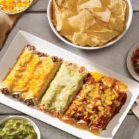 Family Enchilada Meal For 4 · Chips and salsa, choice of queso or guacamole. 3 beef enchiladas with agave queso, 3 cheese ...