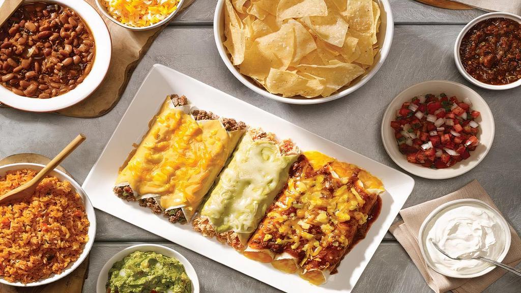 Family Enchilada Meal For 4 · Chips and salsa, choice of queso or guacamole. 3 beef enchiladas with agave queso, 3 cheese enchiladas with salsa carne, 2 chicken enchiladas with creamy hatch chile sauce, Mexican rice and beans, plus a dozen churros for dessert