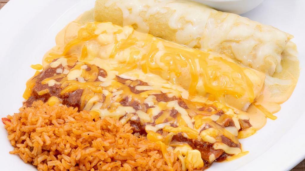 Combination Enchiladas · Choose two or three enchiladas: ground beef, pulled chicken or cheese & onion. Served with Mexican rice and frijoles a la charra.