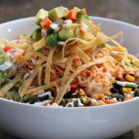 Chicken Tortilla Bowl · Sautéed pulled chicken, rice, roasted corn, black beans, sautéed peppers, onions and queso f...