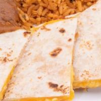 Kid Quesadilla · Melted yellow cheese between triangles of grilled flour tortillas served with rice and refri...