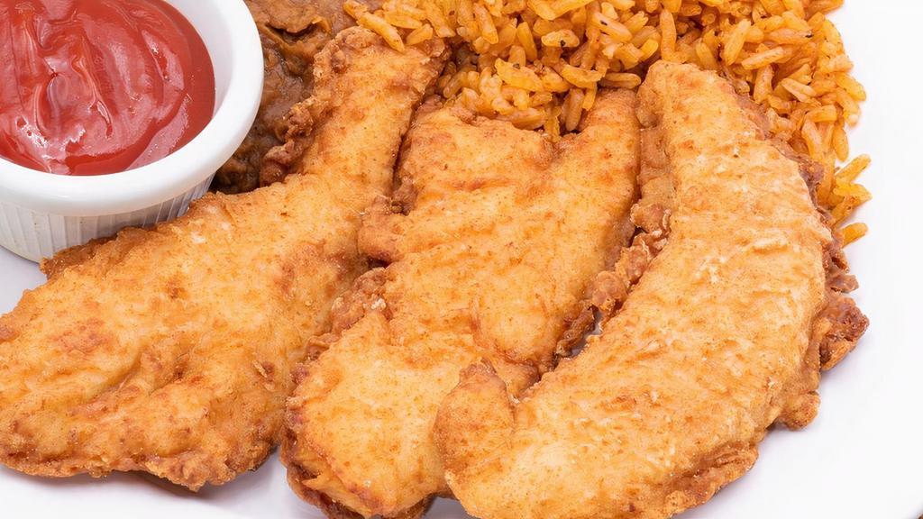 Crispy Chicken Tenders · 3 Juicy fried chicken tenders with your choice of ranch or ketchup for dipping.  Served with rice and refried beans