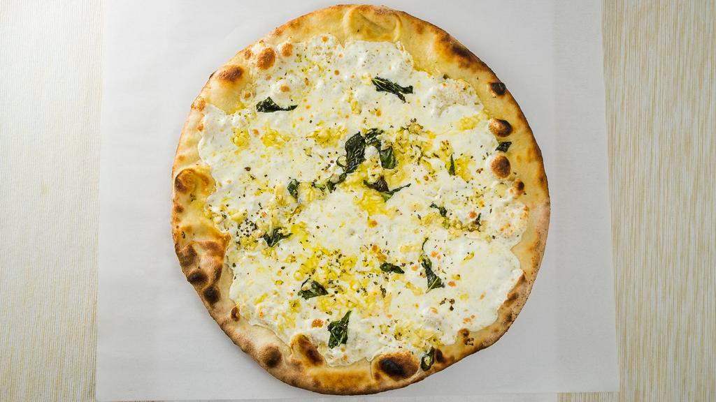 White Pizza Lunch · Fresh Mozzarella cheese, grated Pecorino Romano cheese, fresh garlic, and basil. Only available during lunchtime.