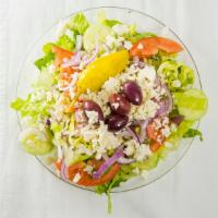 Greek Salad · Romaine lettuce, tomatoes, cucumbers, red onions, kalamata olives, Feta cheese and pepperonc...