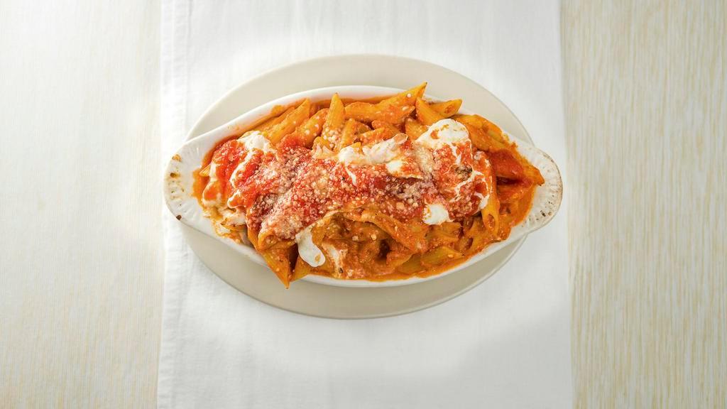Baked Ziti · Penne pasta mixed with ricotta cheese and marinara sauce, baked with fresh Mozzarella cheese on top.