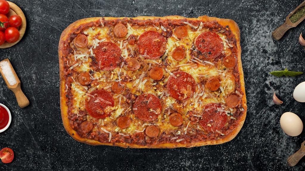 Power Pepperoni Sausage Rage Pizza · Devour our delicious sausage and pepperoni pizza. Pepperoni, small chunks of sausage spread out on a pie of homemade tomato sauce and cheese.