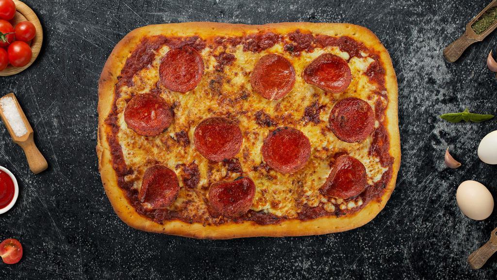 Proper Pepperoni Pizza · Our pepperoni is topped on our homemade 14' rectangle Sicilian pizza with cheese and special seasoning.