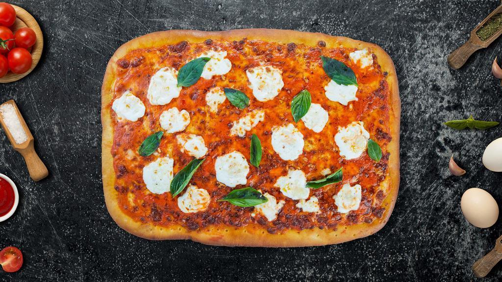 Queen'S Sicilian Pizza · Dive into our classic 14' rectangle Sicilian pizza margherita pie. This Take a bite of our margherita pizza topped with homemade San Marzano tomato sauce, mozzarella cheese, basil, and extra virgin oil.