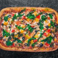 Veggie Medley Pizza · This 14' rectangle Sicilian pizza is for the veggie lovers out there, topped with cheese acc...