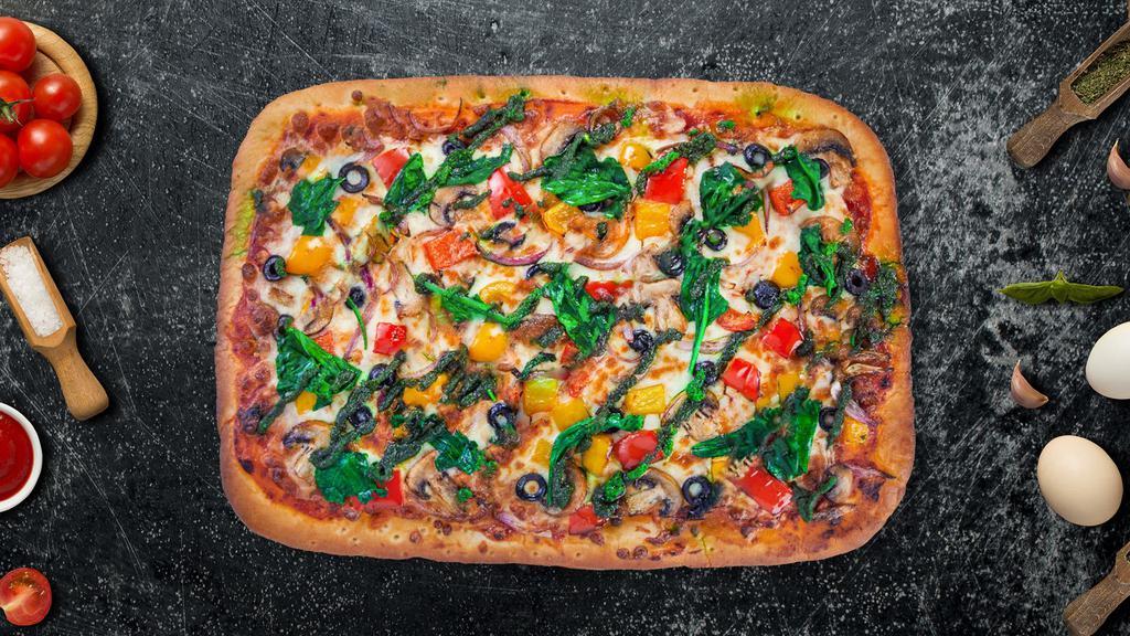 Veggie Medley Pizza · This 14' rectangle Sicilian pizza is for the veggie lovers out there, topped with cheese accompanied by onion, mushrooms, pepper, and spinach.
