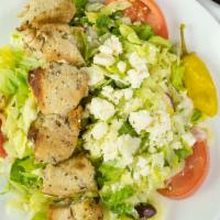 Greek Goddess (Small) · Marinated grilled chicken breast shish kebob served over Greek salad with pita and choice of...