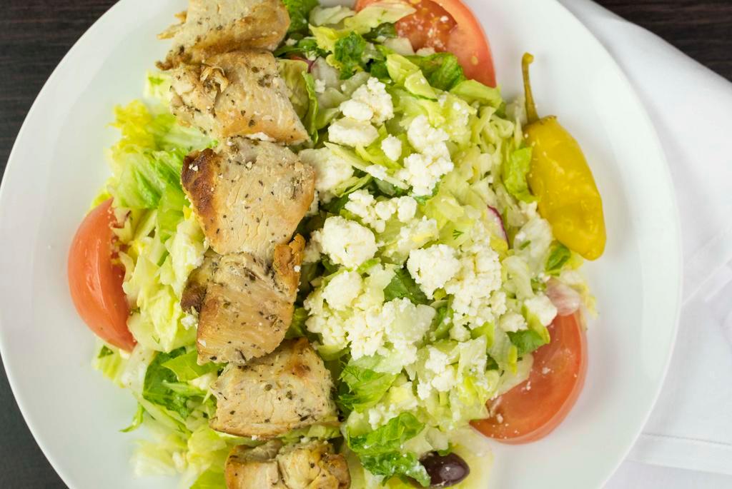 Greek Goddess (Small) · Marinated grilled chicken breast shish kebob served over Greek salad with pita and choice of tzatziki or onion sauce. Add salmon, pork, meat for an additional charge.