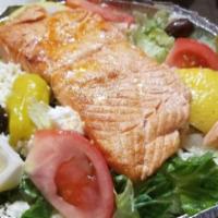 Greek Goddess (Large) · Marinated grilled chicken breast shish kebob served over Greek salad with pita and choice of...
