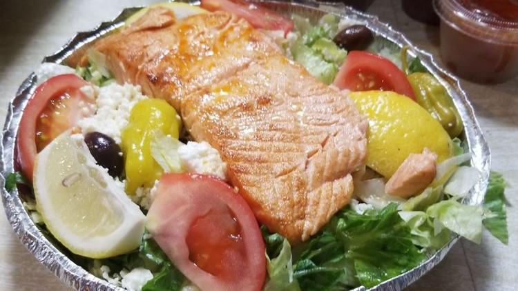 Greek Goddess (Large) · Marinated grilled chicken breast shish kebob served over Greek salad with pita and choice of tzatziki or onion sauce. Add salmon, pork, meat for an additional charge.