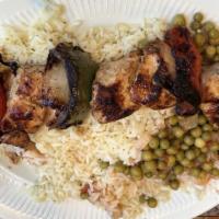 Chicken Souvlaki Entrée · Marinated chunks of chicken breast shish kebob, onions and peppers grilled to perfection ser...