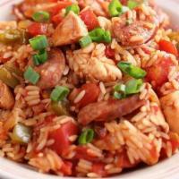 Jambalaya · Rice, Chicken, Andouille Sausage, Bell Pepper and Onion. Served as is. Nothing can be removed.