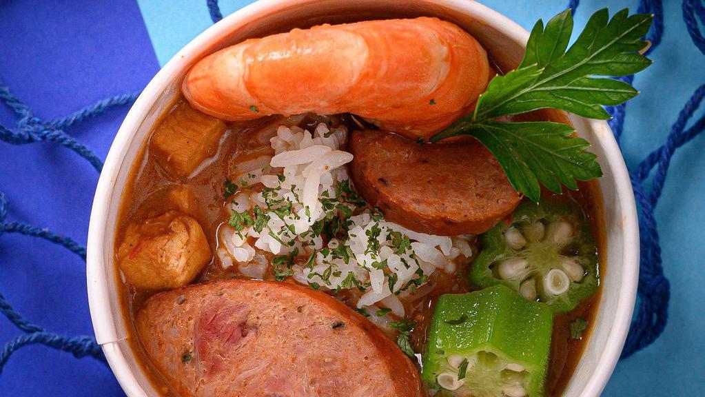 Gumbo · Andouille sausage pork, chicken, shrimps, vegetables, rice. No substitution, nothing can be taken out. made as is.
