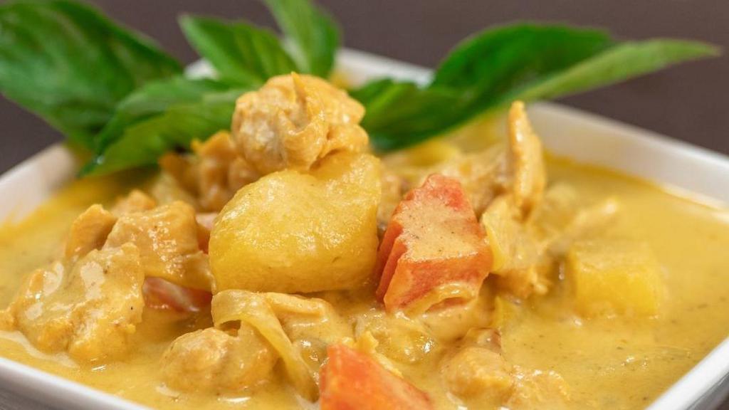 Yellow Curry (Kaeng Leung) Gluten Free · House yellow curry sauce, coconut milk, potatoes, carrots, and onions. This is our mildest curry.