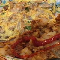 Farmers Omelette · Onion, peppers, mushrooms, sausage and mozzarella cheese. Served with potato or grits and ch...