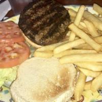 Deluxe Hamburger · Served with French fries, lettuce, tomato, and pickles.