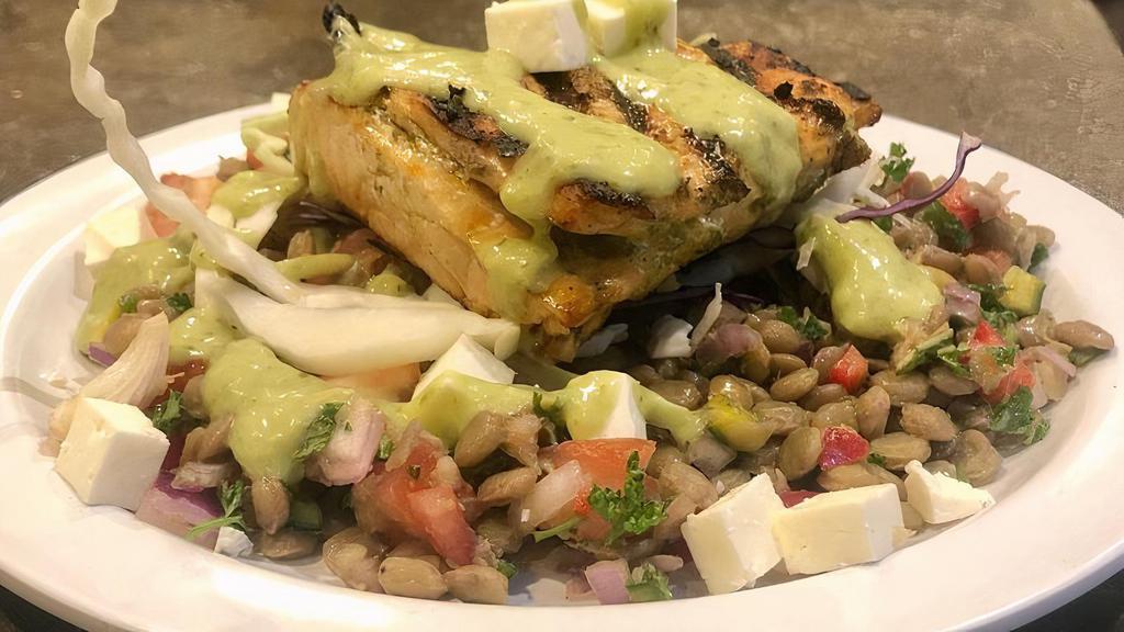 Salmon Over Lentil Salad,Queso Fresco,Cabbage&Salsa Verde (1) · 