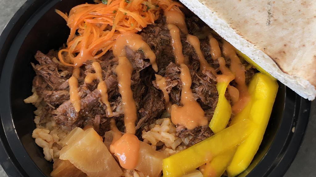 Brisket Bowl (1) · Shredded Brisket over your choice of grain w/golden beets, carrot salad, pickled mango,roasted tomato salsa and 1/2 of pita bread
