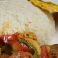 Churrasco · Sautee beef fillet with rice, fries and egg.
