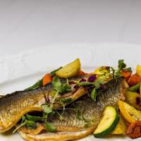 Branzino All Grilla · Grilled Mediterranean Sea bass, roasted vegetables