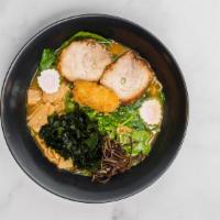 House Ramen (2 Pieces) · Charsiu fish cake, egg, seaweed, bamboo, and breaded oyster on the side, scallions.