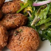 Corn And Jalapeno Fritters (Gf) · Fritters of corn made with jalapeño, red onion, Manchego cheese and fresh herbs (gluten free...