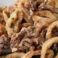 Crispy Fried Calamari (Gf) · Floured squid tubes and tentacles, flash fried and served with sweet chili, Thai basil yoghu...