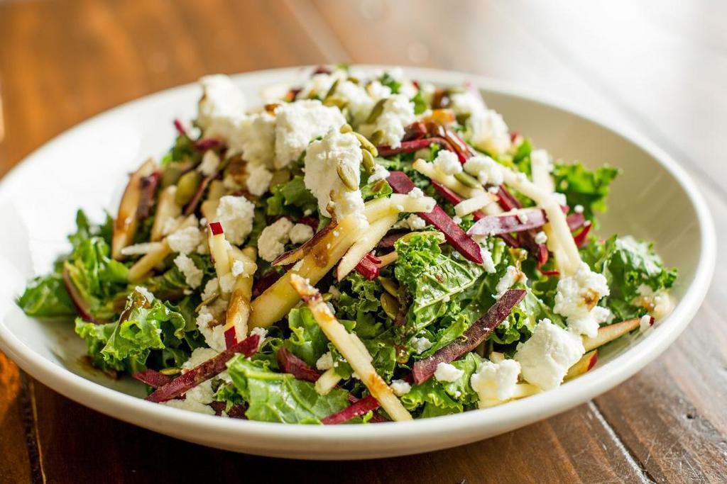 Golden Kale (Gf) · Kale, julienned beets, red onions, julienned granny smith apple, house goat cheese, pepitas, champagne vinaigrette (vegetarian)