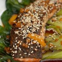 Sesame Salmon (Gf) · King salmon filet mixed citrus, tamari, honey, fresh ginger, garlic, toasted sesame seeds, w...