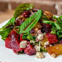 Red & Golden Beet Salad · Local red and golden beets, local hot house mesclun greens, NY blue cheese, candied walnuts,...