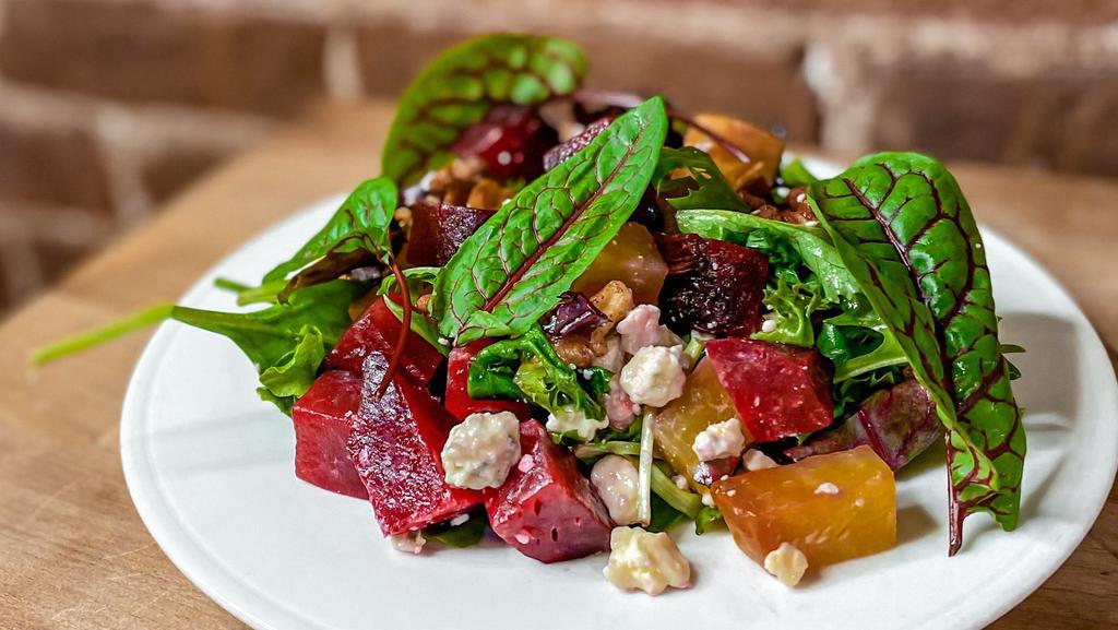 Red & Golden Beet Salad · Local red and golden beets, local hot house mesclun greens, NY blue cheese, candied walnuts, sorrel, 
white balsamic vinaigrette