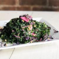 Two Kale Salad · Julienned curly kale, toasted hazelnuts, watermelon radish, and our garlic aioli dressing on...