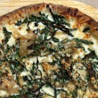 Charred Kale Pizza · Charred local Lacinato kale, rosemary, aged mozzarella, fresh garlic, caramelized onions, Pa...
