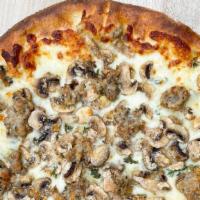 Mushroom & Sausage Pizza · white mushrooms, thyme, mozzarella, homemade pork sausage, parmesan, sea salt. 12