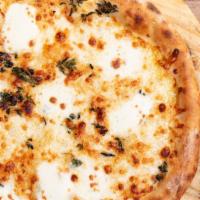 Four Cheese Pizza · fresh mozzarella, aged mozzarella, provolone, parmesan, fresh garlic, oregano (Vegetarian). ...