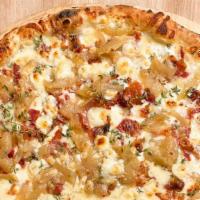 Blue Cheese & Bacon Pizza · blue cheese, bacon, mozzarella, caramelized onions, thyme, sea salt. 12