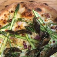 Spring Asparagus Pizza · Local Asparagus, pork pancetta, fresh garlic, aged mozzarella, lemon, Parmesan, roasted red ...