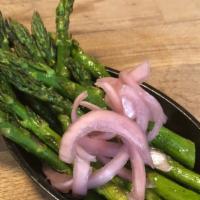 Wood Fired Asparagus · Local asparagus, lemon, Martha’s Vineyard sea salt, pickled red onions