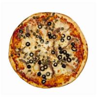 Black Olives Pie Pizza · Delicious black olives topped on a bed of mozzarella cheese.