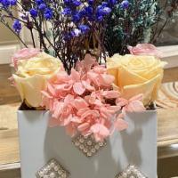 Tiffany Inspired Forever Rose Box Arrangement · Stunning, four forever rose arrangements in a unique pearl and crystal encrusted Tiffany ins...