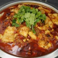 Chilly Fish Pond Small 沸腾鱼（小） · Flounder fillet simmered in tasty sichuan spices with Napa cabbage bamboo shoots celery shii...
