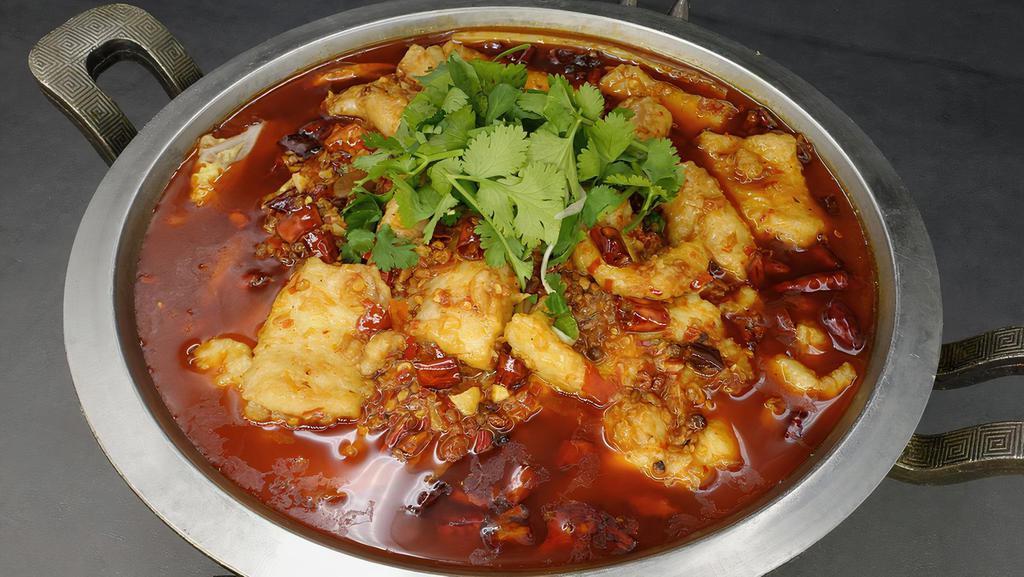 Chilly Fish Pond Small 沸腾鱼（小） · Flounder fillet simmered in tasty sichuan spices with Napa cabbage bamboo shoots celery shiitake mushroom.